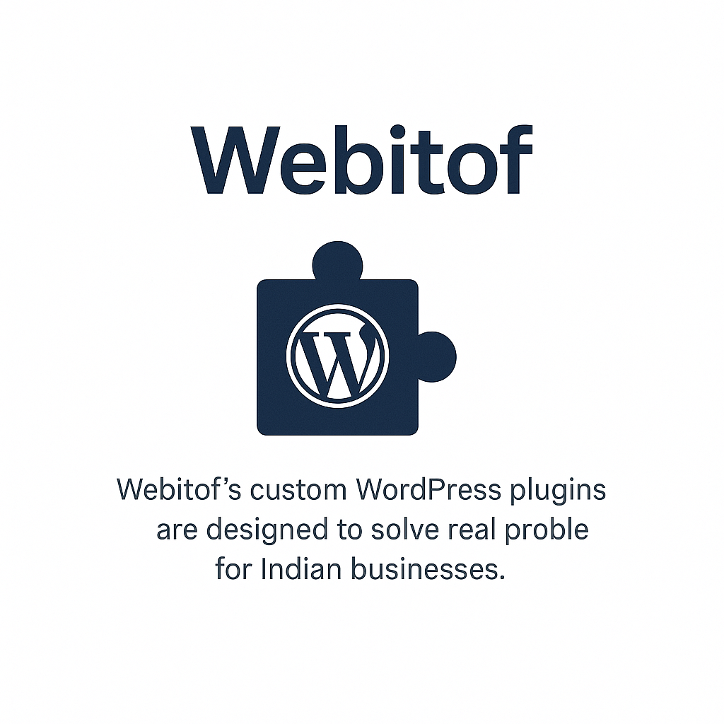 Webitof branding with WordPress plugin icon and message about solving real problems for Indian businesses