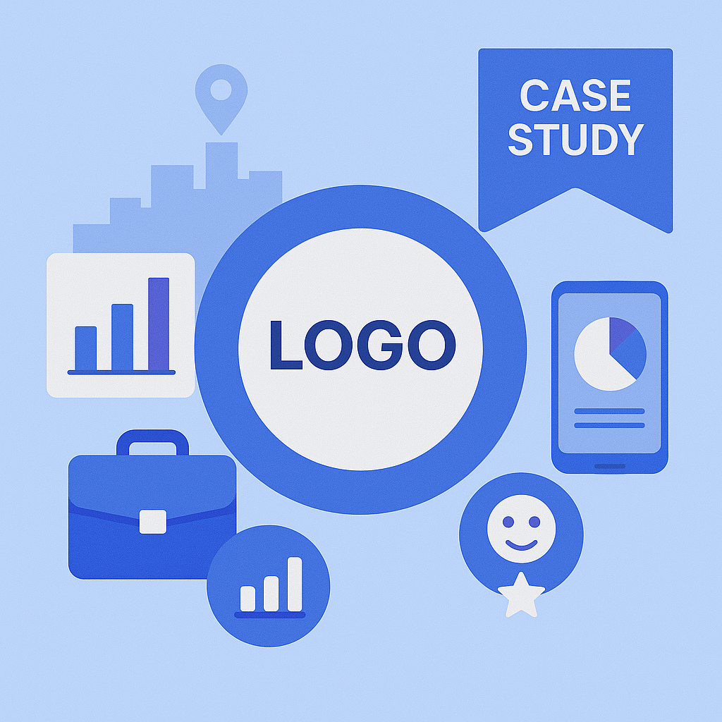 Infographic with circular logo placeholder, charts, briefcase, city icon, case study banner, and smartphone pie chart