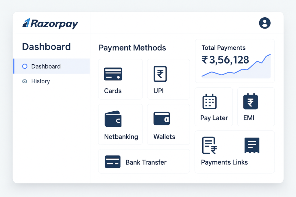 Razorpay dashboard showing UPI, cards, and net banking options.
