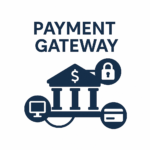 Payment gateway visual showing bank icon with connections to card, lock, and desktop