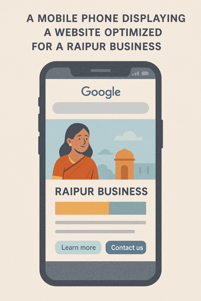 A mobile phone displaying a website optimized for a Raipur business.