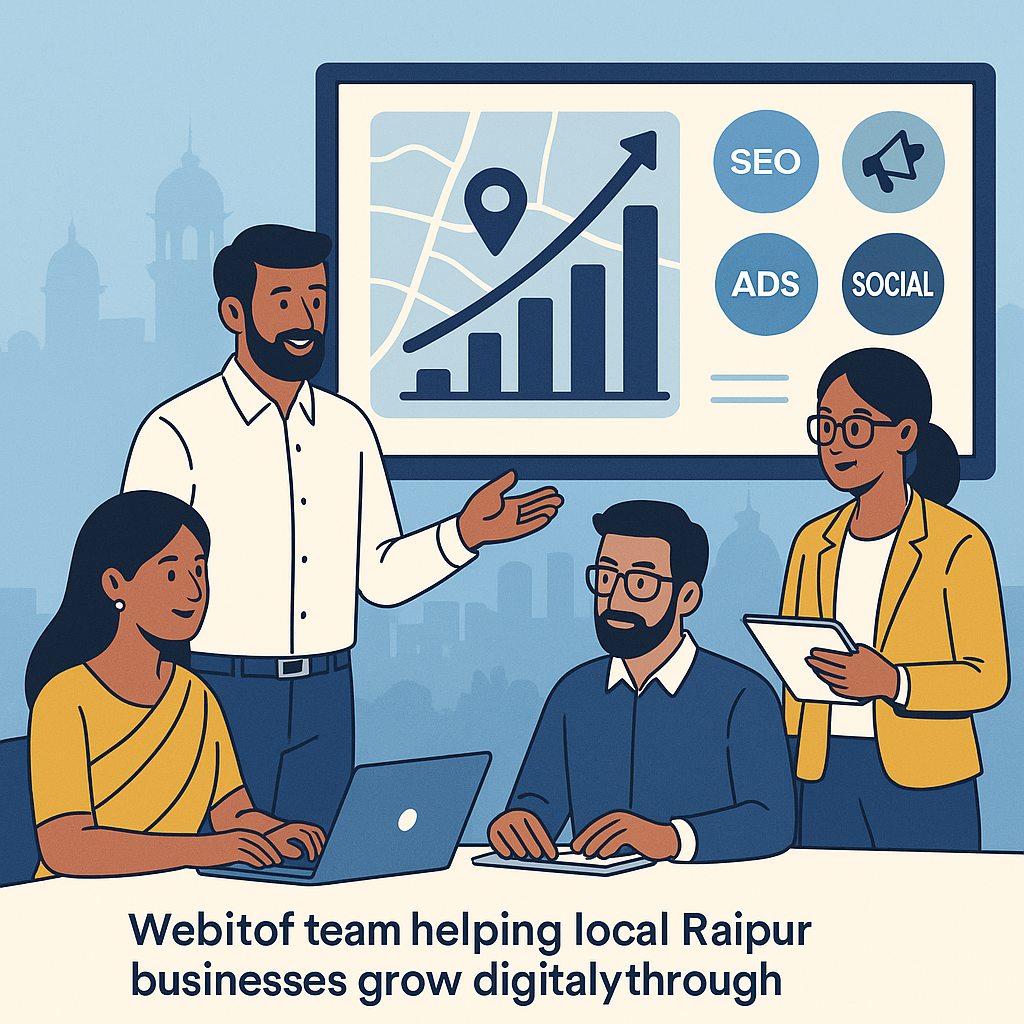 Webitof team helping Raipur businesses grow digitally through SEO, social media, and ads with a city backdrop and data chart.