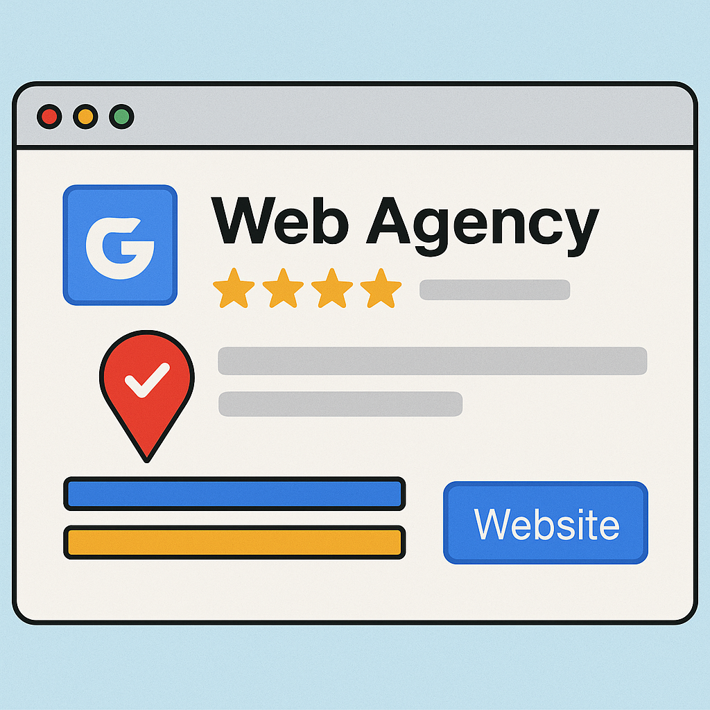 Google business listing of a web agency with 5-star reviews, location pin, and a website button.