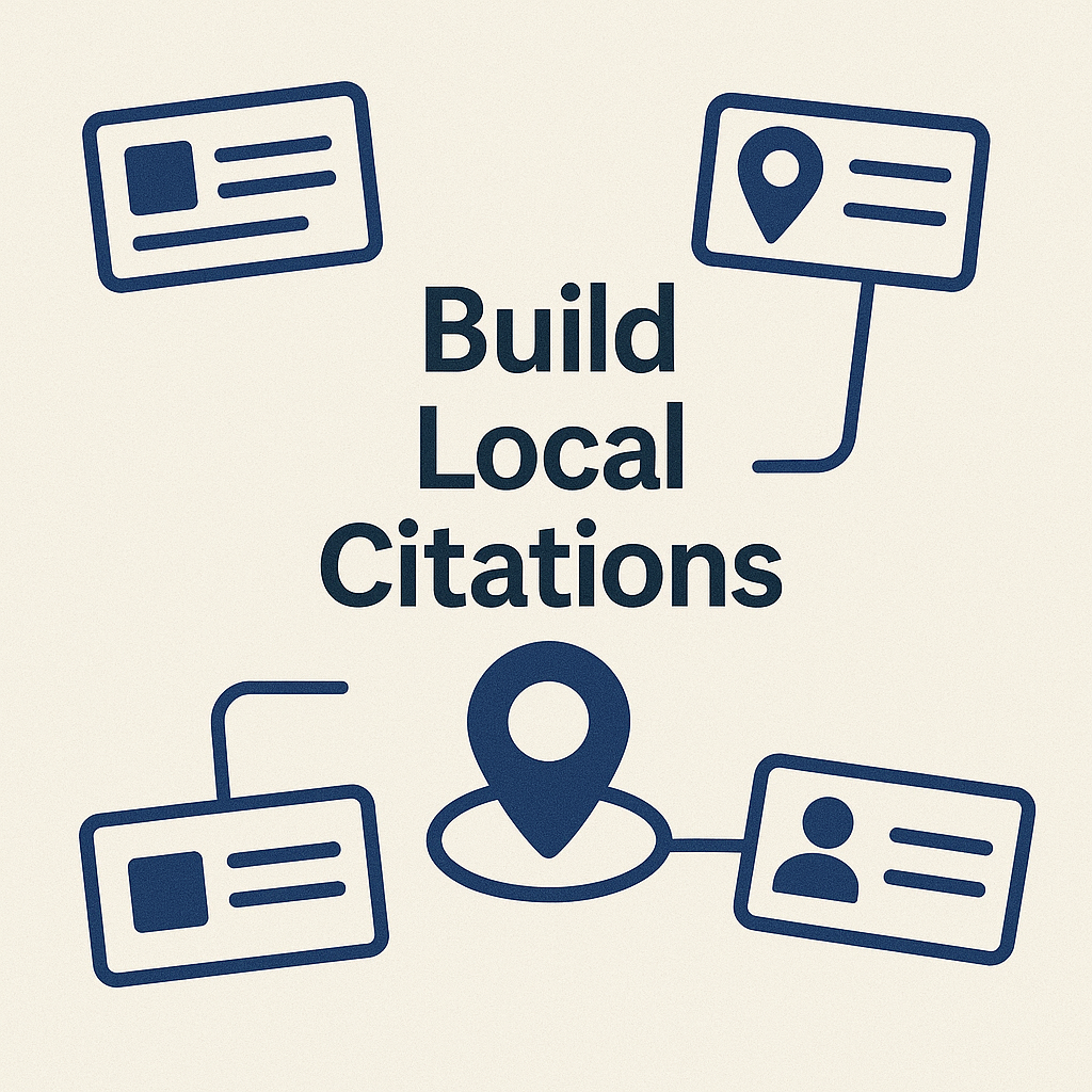 Build local citations with business information cards and map pin icons representing local SEO efforts.