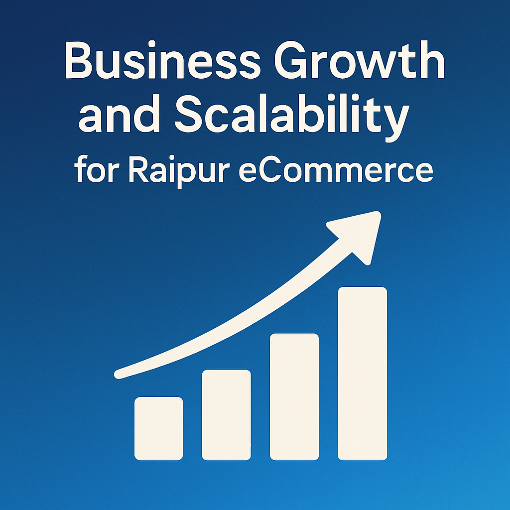 Business growth and scalability concept for Raipur eCommerce shown with upward bar chart and rising arrow.