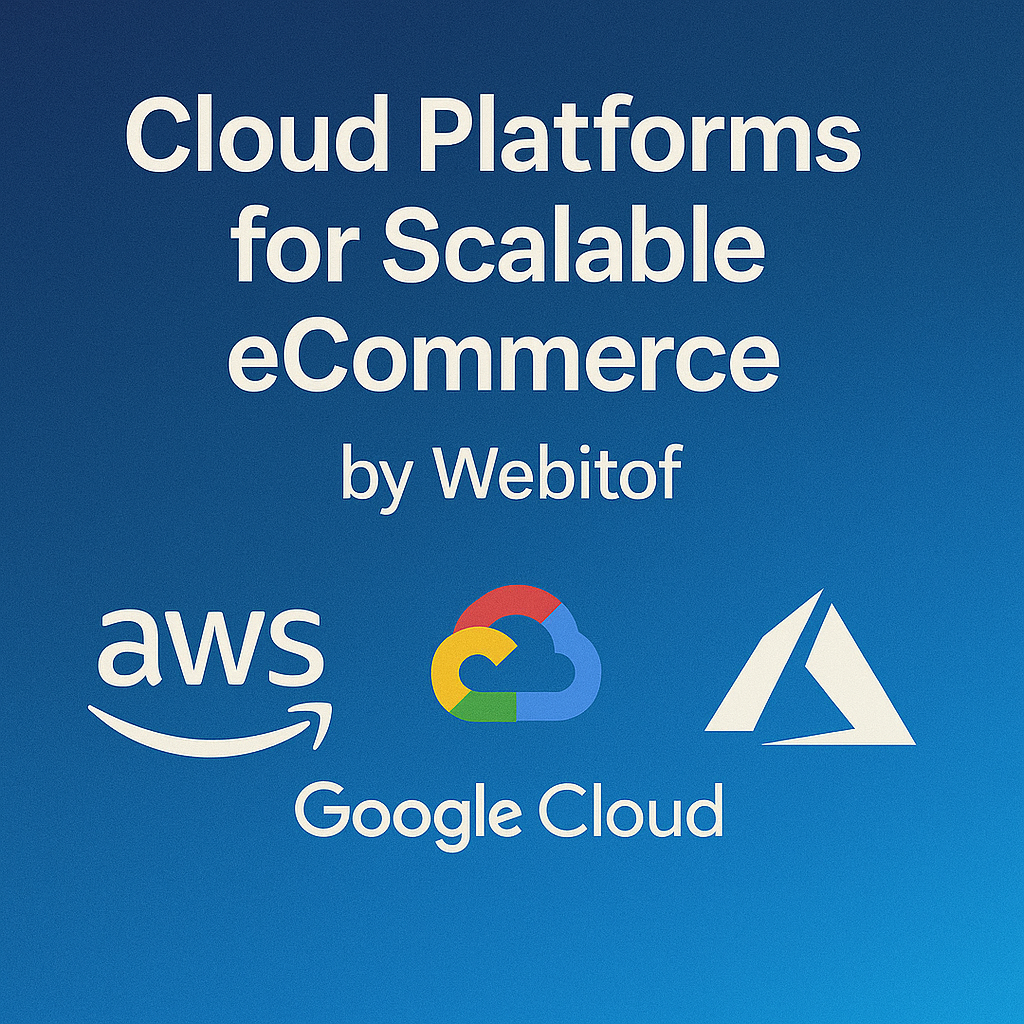 Cloud platforms for scalable eCommerce by Webitof featuring AWS, Google Cloud, and Microsoft Azure logos.