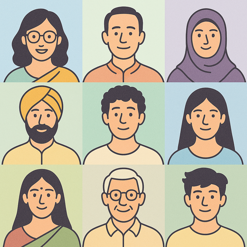 Illustrated grid of diverse Indian people representing different ages, genders, and cultural backgrounds.
