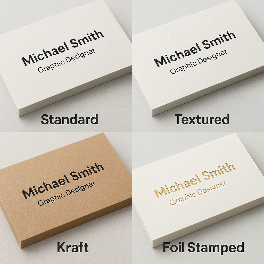 Examples of textured, metallic, and unique business card materials.