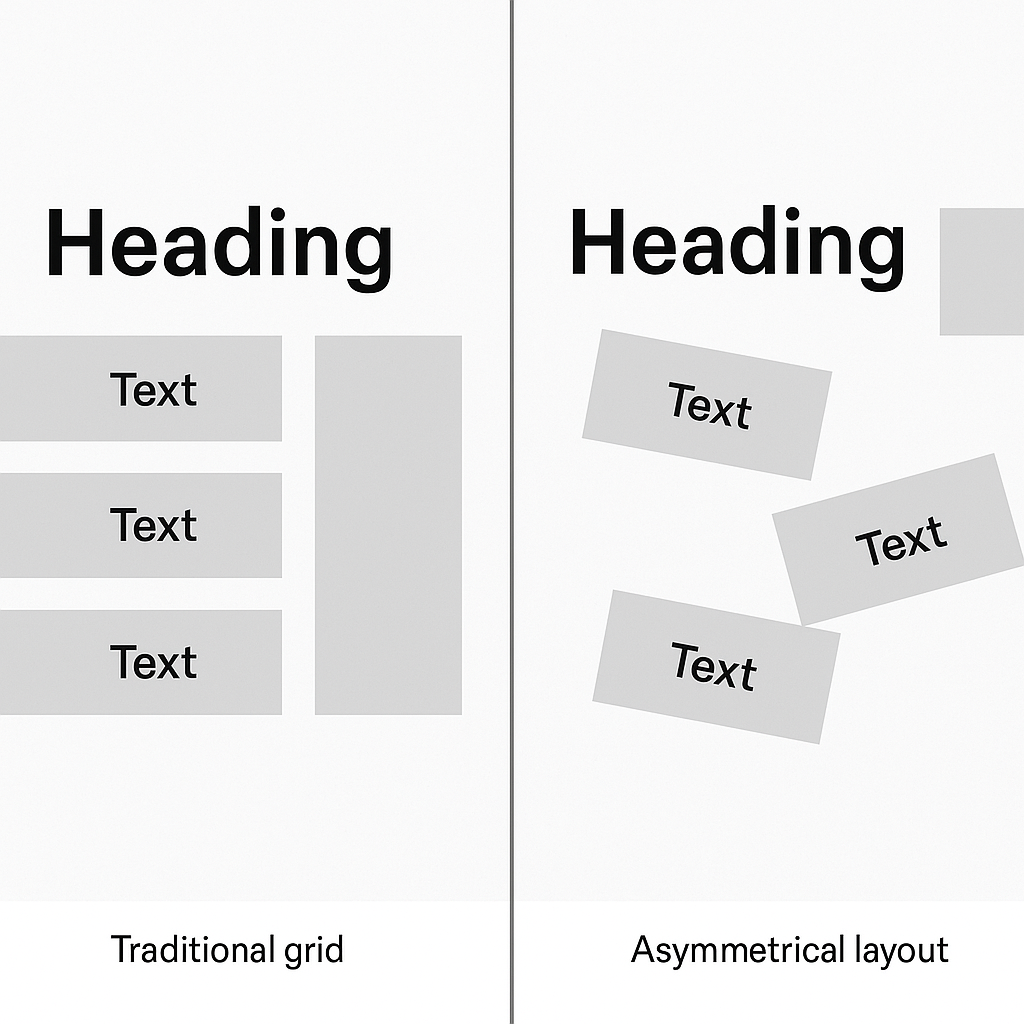 "Traditional grid layout versus asymmetrical layout in web design."