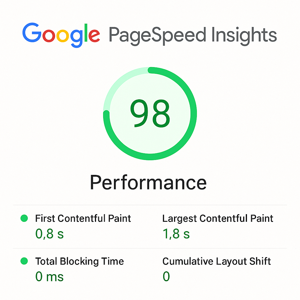Google PageSpeed Insights score for a fast website, demonstrating good Core Web Vitals