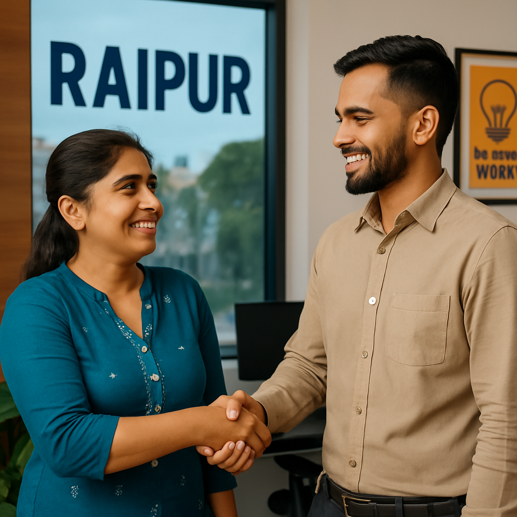Smiling business professionals shaking hands in an office in Raipur, symbolizing a successful partnership or deal.