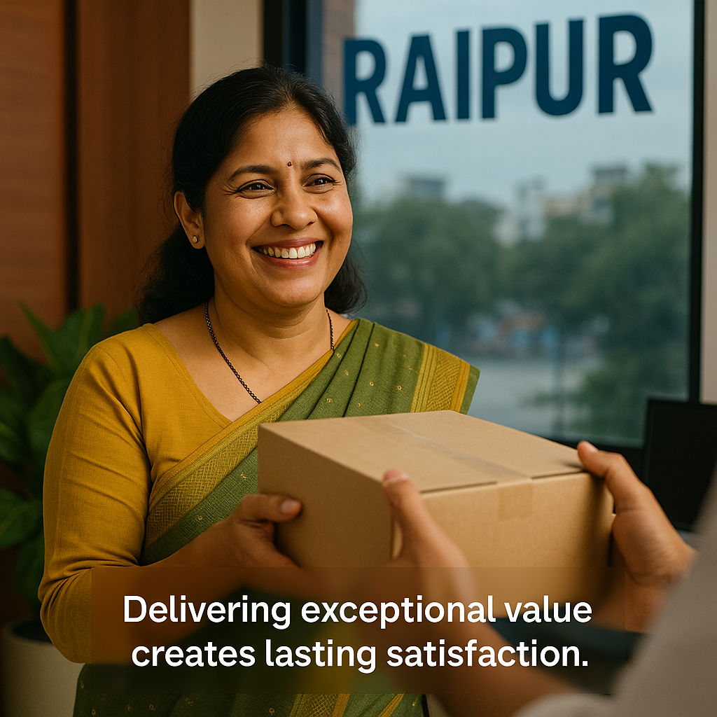Smiling woman in traditional Indian attire receiving a package in Raipur, symbolizing customer satisfaction and successful delivery.