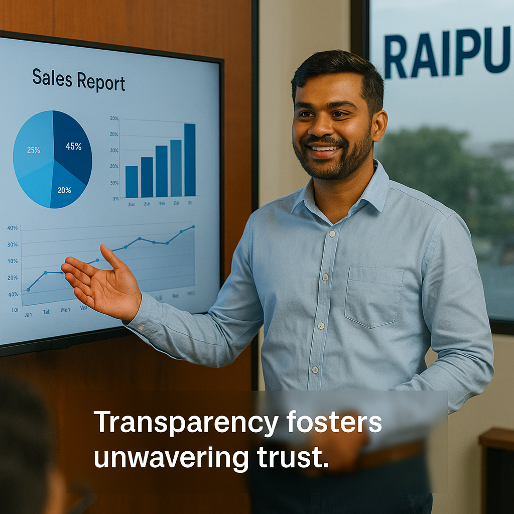Confident businessman in Raipur presenting sales report on screen, promoting transparency and trust through clear data.