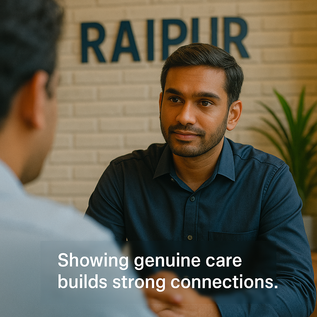 Professional in Raipur office attentively listening during a client meeting, building trust through genuine connection.