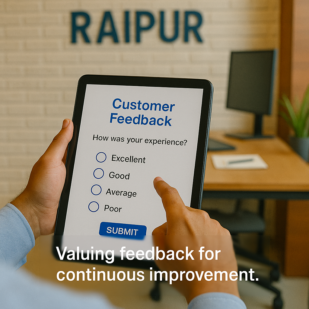 Close-up of a person submitting a customer feedback form on a tablet in a Raipur office, emphasizing business improvement.