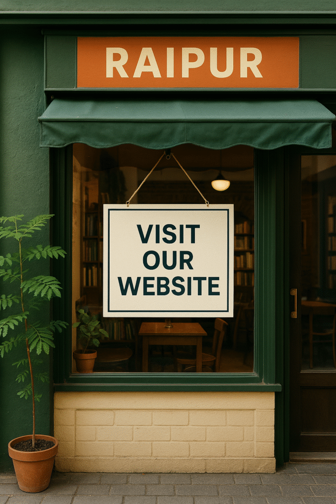 Small Raipur cafe with a sign encouraging website visits.