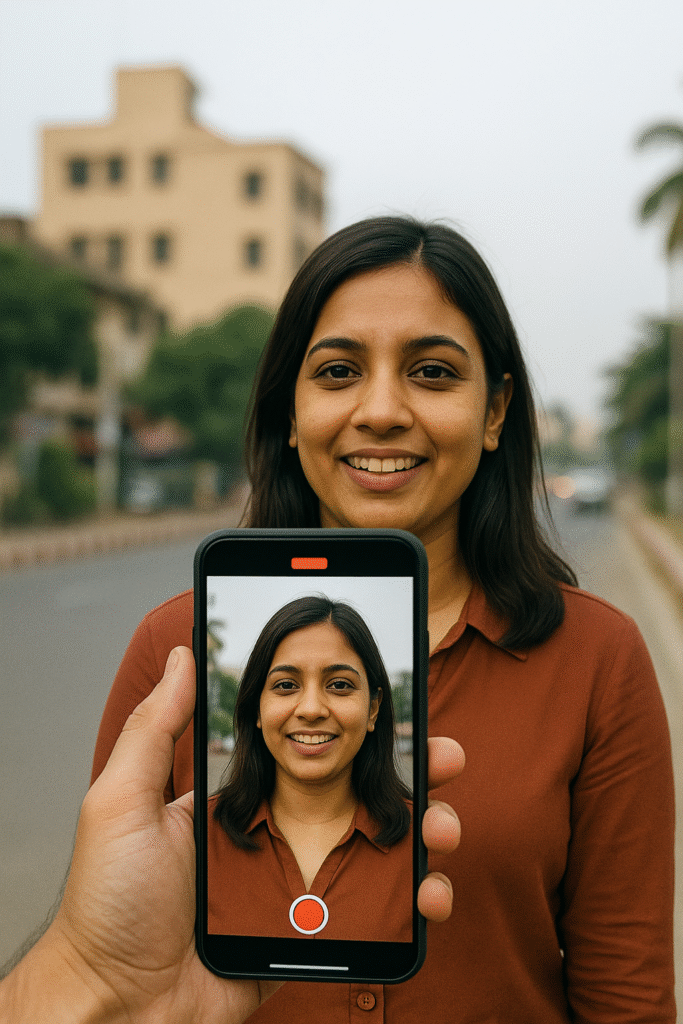 "Person recording a video testimonial on a smartphone in Raipur"