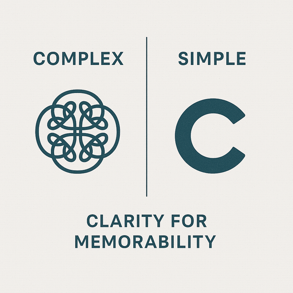 Comparison of complex vs. simple logo design principles, showcasing clarity for memorability