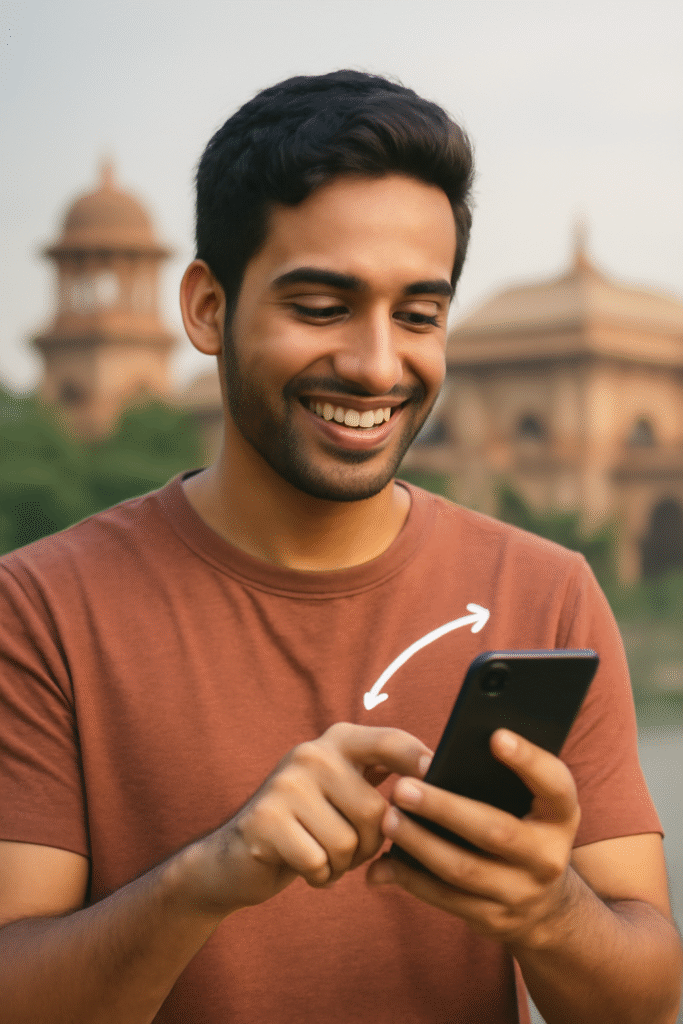Happy man enjoying seamless online shopping experience on her phone in Raipur.