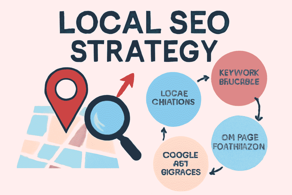 "Infographic illustrating Local SEO strategy with map pin, magnifying glass, and four connected circles representing Keyword Research, On-Page Optimization, Google My Business, and Local Citations."