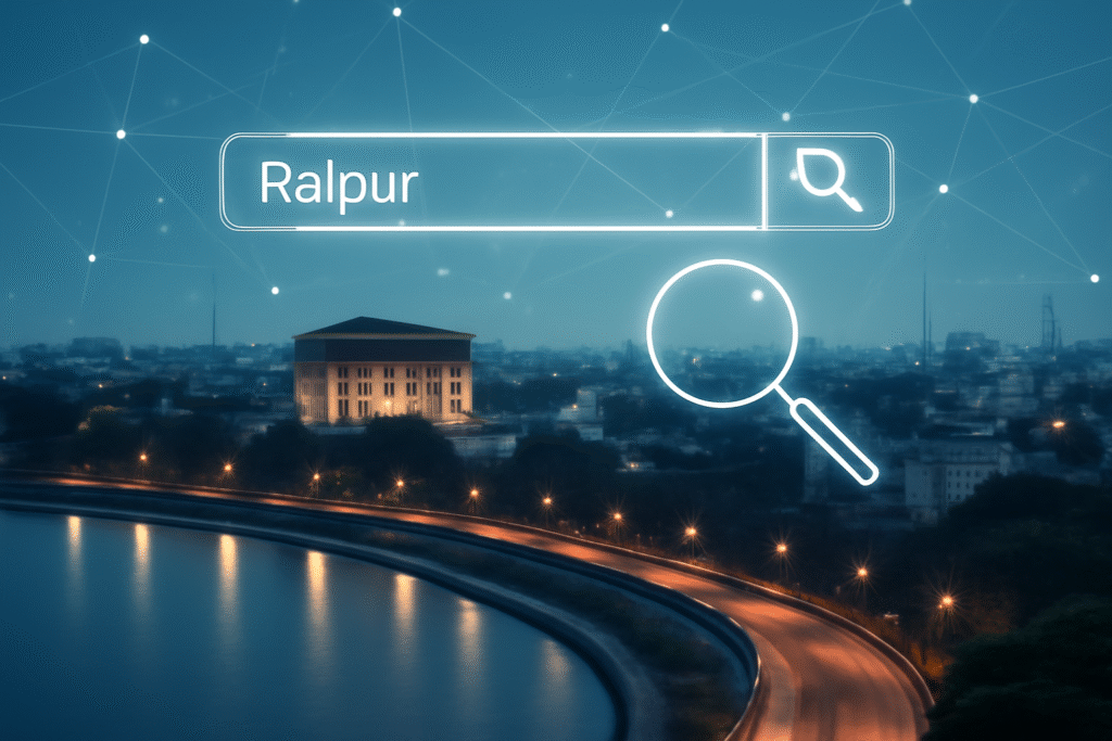 "Raipur skyline at sunset with digital marketing overlay, representing SEO for Raipur businesses"