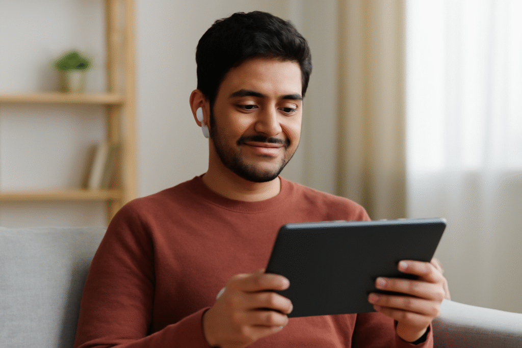 Customer watching positive video review on tablet, trust building for local business.