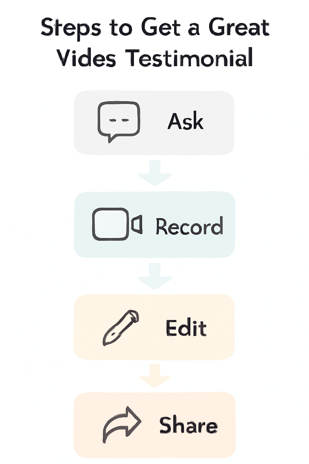 Infographic steps to create video testimonials: Ask, Record, Edit, Share.