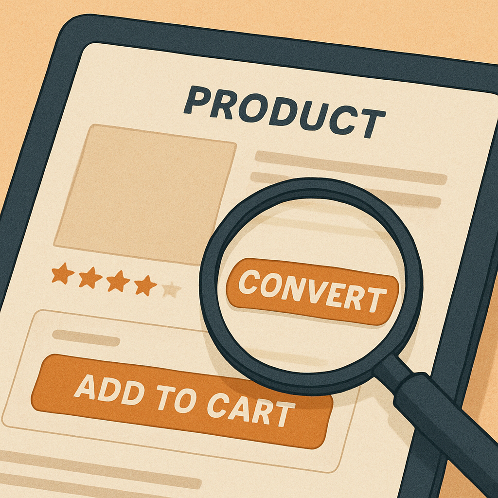 "Magnifying glass focusing on 'Convert' button on a product page"