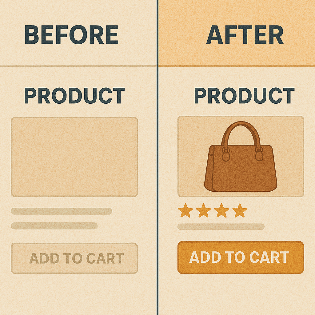 "Before and after comparison of product page optimization"