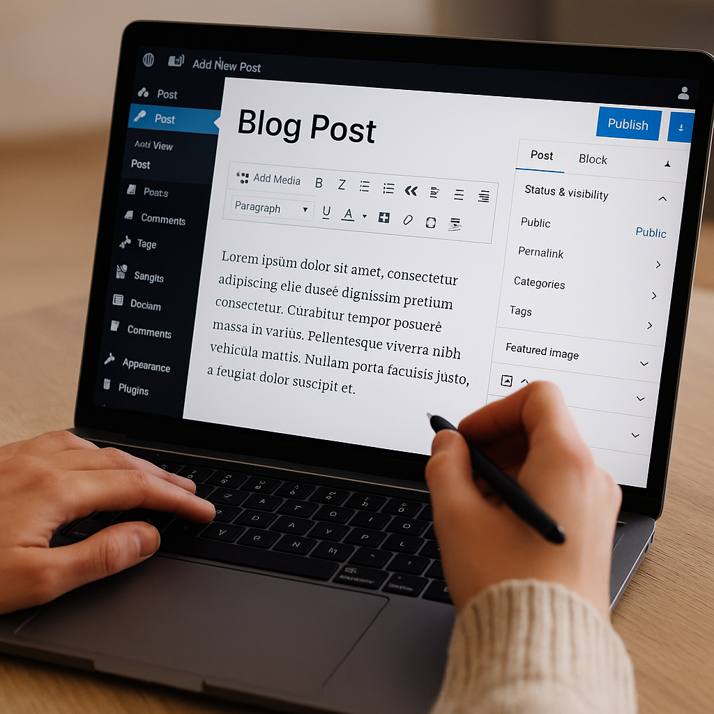 "Person writing a blog post on WordPress, indicating content marketing capabilities."
