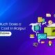 Graphic showing a website design process with icons for SEO, coding, security, and global reach, alongside the question “How Much Does a Website Cost in Raipur” and a WhatsApp chat button.