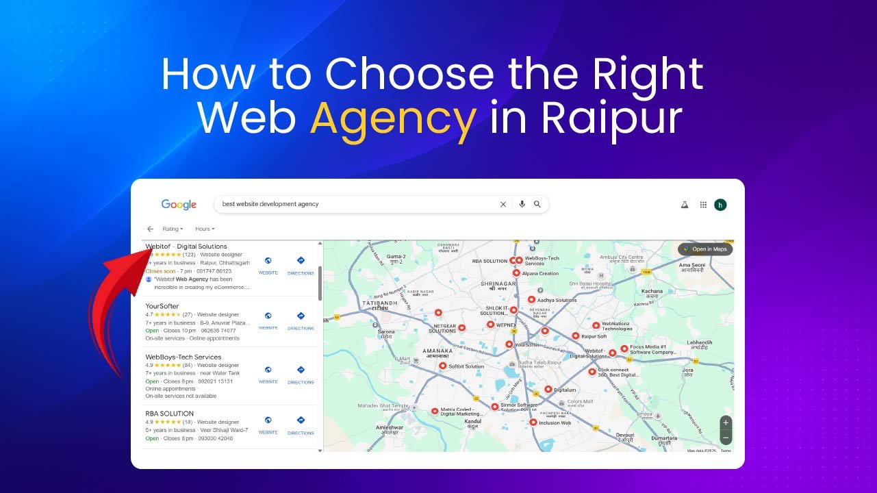 Google Maps search showing top-rated web development agencies in Raipur with Webitof highlighted and map location pins.