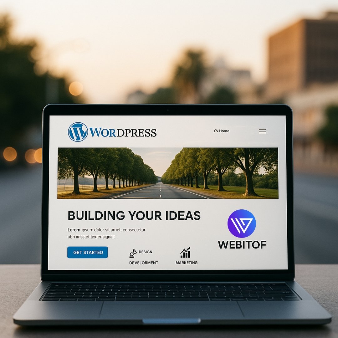 "Professional WordPress website on a laptop, with a Raipur city skyline background, representing digital growth for local businesses."
