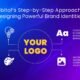 Illustration showing Webitof’s step-by-step approach to designing powerful brand identities with a central circle labeled "YOUR LOGO" connected to four key points: creating a cohesive visual language, selecting colors to evoke emotions, choosing legible and unique typography, and incorporating relevant imagery and graphic elements. The background is a smooth gradient of blue and purple hues.