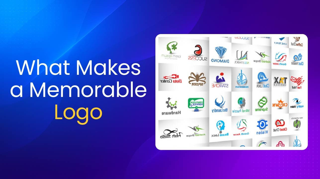 Graphic with the headline “What Makes a Memorable Logo” alongside a collage of diverse logo designs displayed in a grid format.