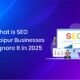Illustration showing SEO concepts with a computer screen displaying graphs, charts, and the word “SEO” in colorful letters, alongside two people analyzing data, on a blue and purple gradient background.