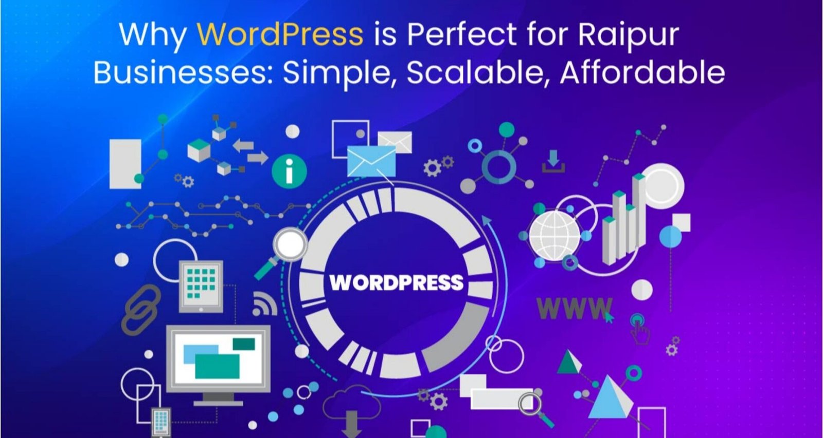 WordPress benefits for Raipur businesses showing website icons, cloud, charts, and digital tools on a tech-themed background.