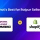 Comparison graphic showing WooCommerce vs Shopify logos with the title “What’s Best for Raipur Sellers?” on a blue-purple gradient background.