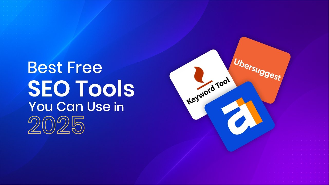 Graphic showcasing logos of Keyword Tool, Ubersuggest, and Ahrefs on a vibrant purple-blue background, highlighting the best free SEO tools for 2025.