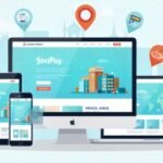 Flat illustration of a responsive website on desktop, tablet, and smartphone screens