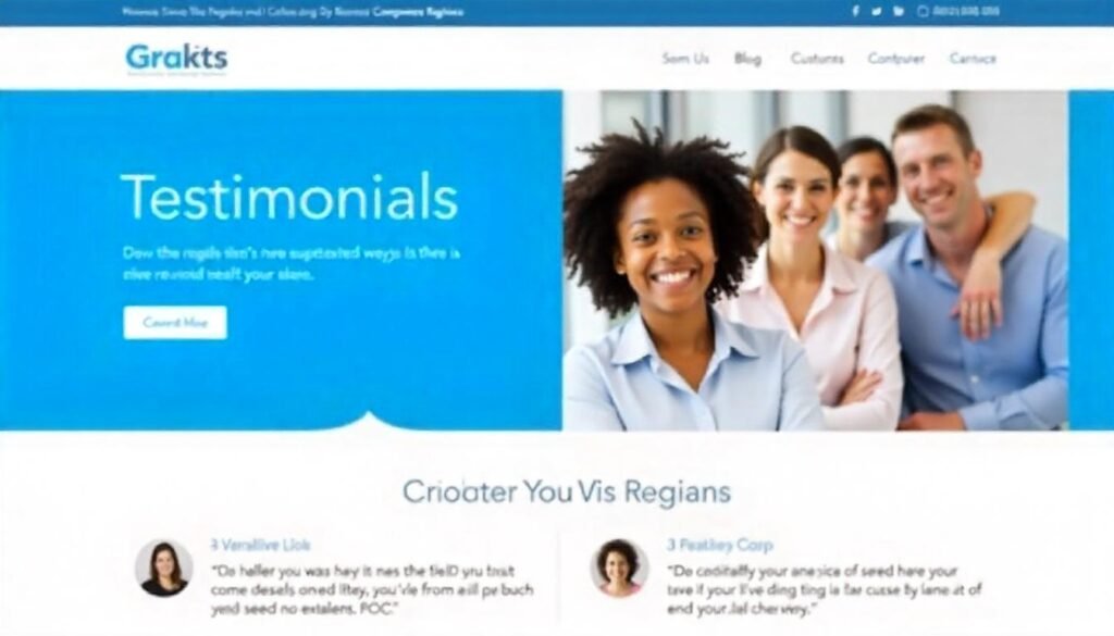 Smiling professionals featured on a testimonials section with a clean blue design