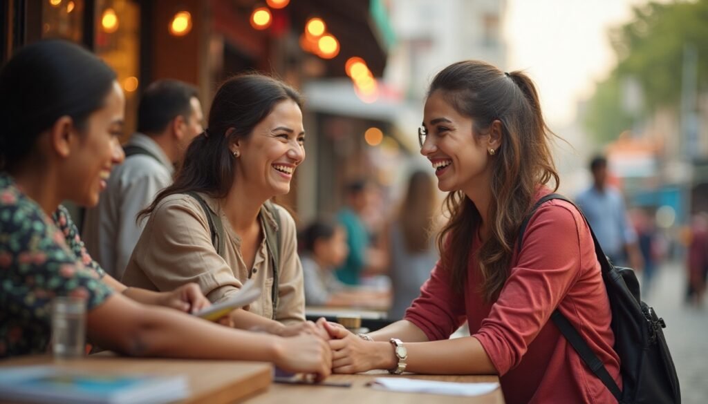 Group of happy young women laughing and talking outside a shop or cafe, representing satisfied local customers