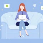Illustration of a woman sitting on a couch using a laptop surrounded by icons like chatbot, shield, and checkmark