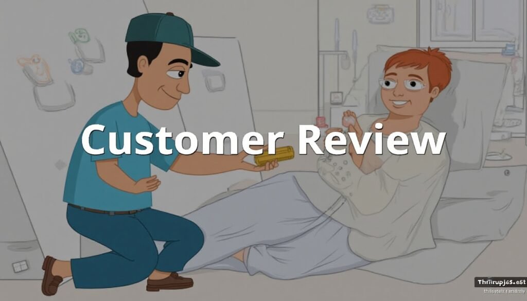 Delivery man handing a product to a happy patient in hospital bed, cartoon style