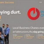 Team of professionals standing in front of a business poster showcasing local success story in Raipur