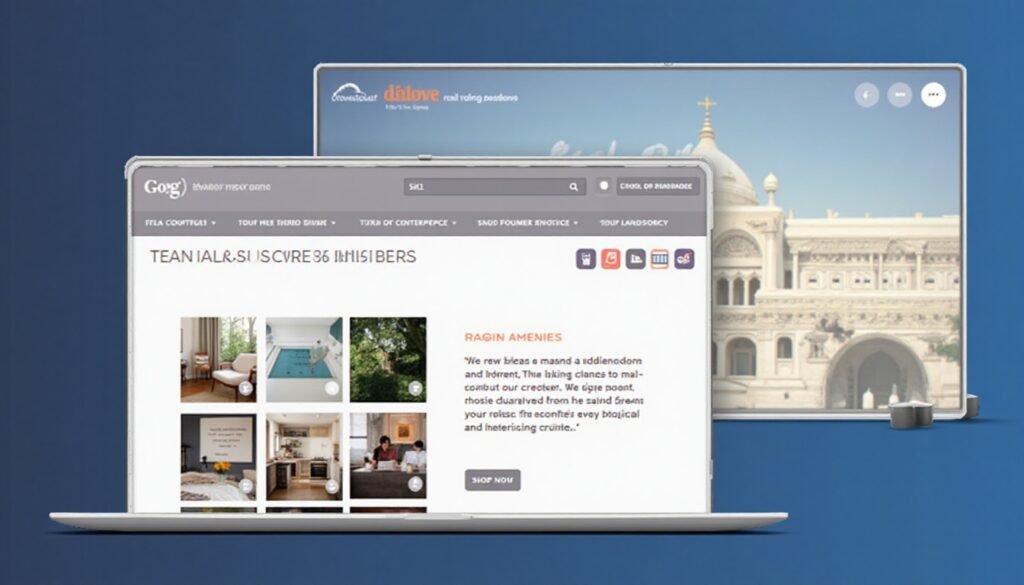 Illustration of a travel or hotel booking website displayed on a laptop, with UI mockups and a palace in the background