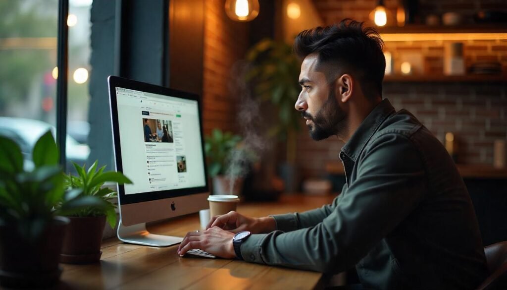 Man working on a desktop computer in a cozy café with a coffee mug and indoor plants
