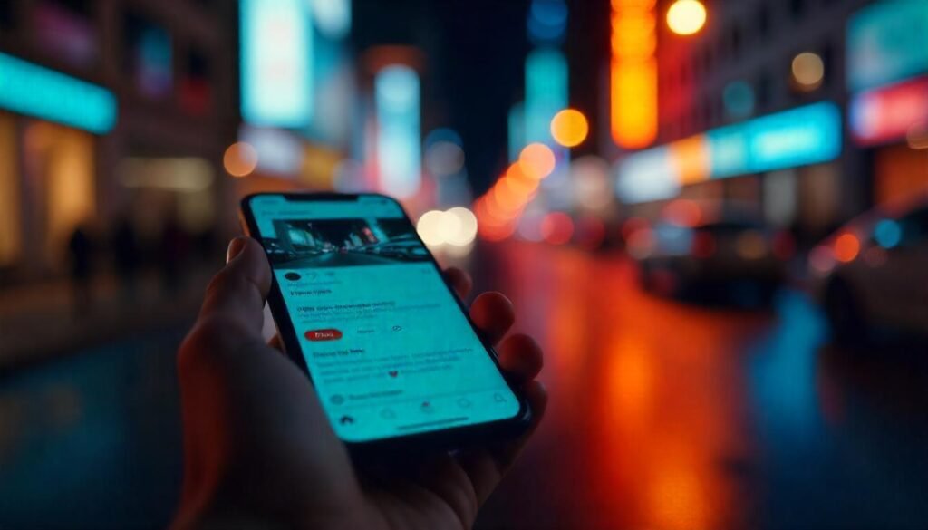 Person browsing social media on a smartphone in a city street at night with neon lights