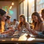 Group of young people using smartphones and laptops in a sunlit café