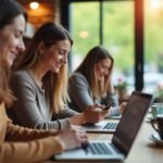 Three smiling women working on laptops and mobile phones in a bright café